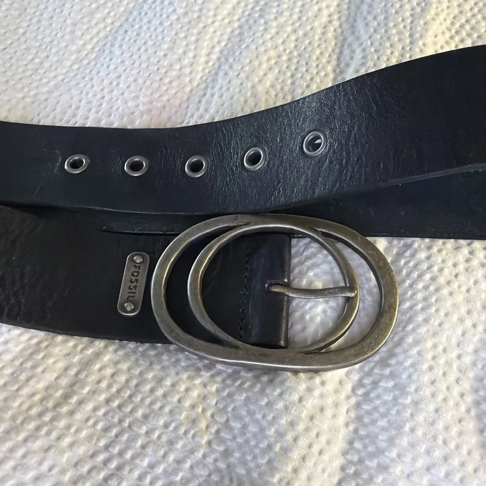 Fossil Wide Black Leather Belt Silver Buckle Size Large